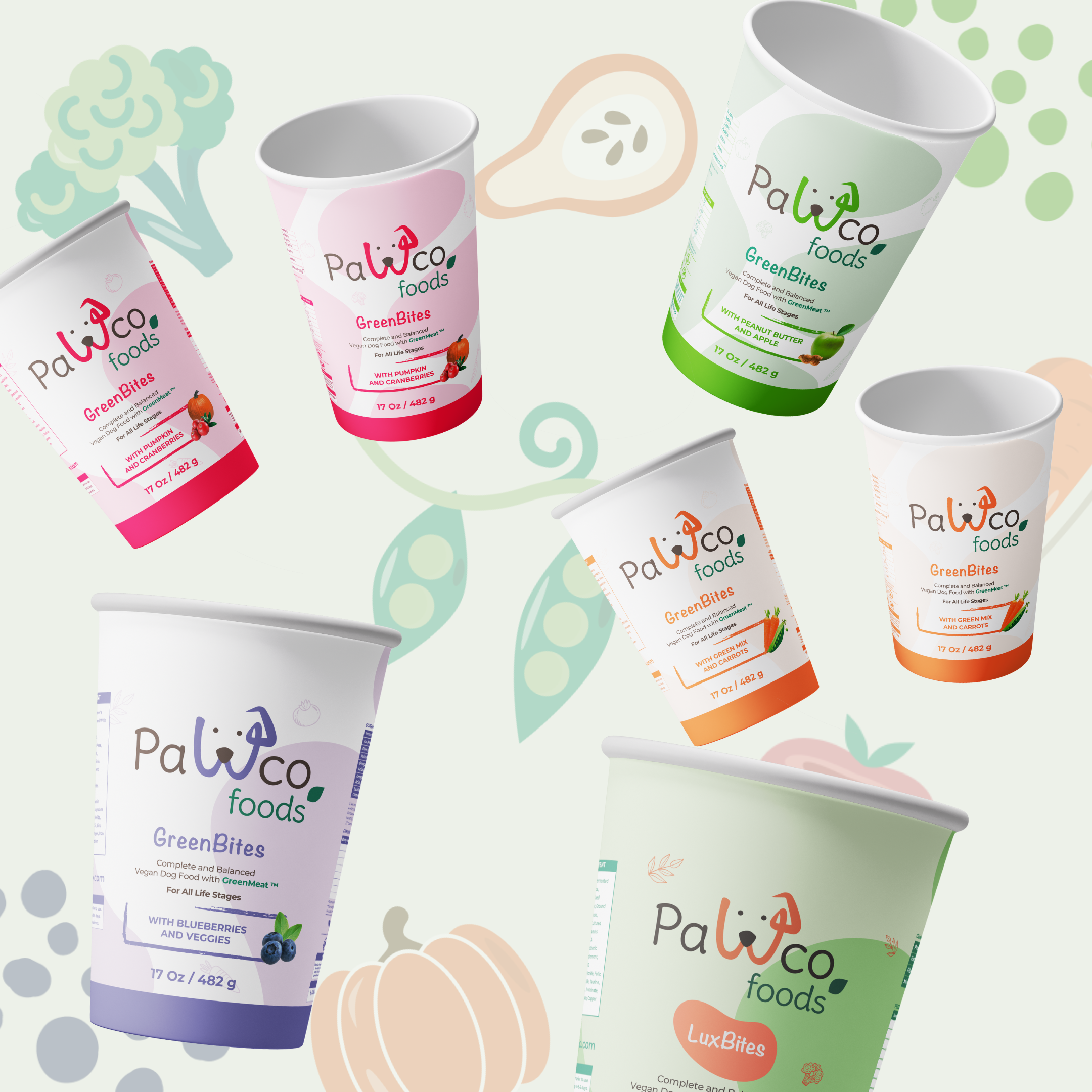 The image shows PawCo's GreenBites and LuxBites packaging against a background with various vegetable illustrations.