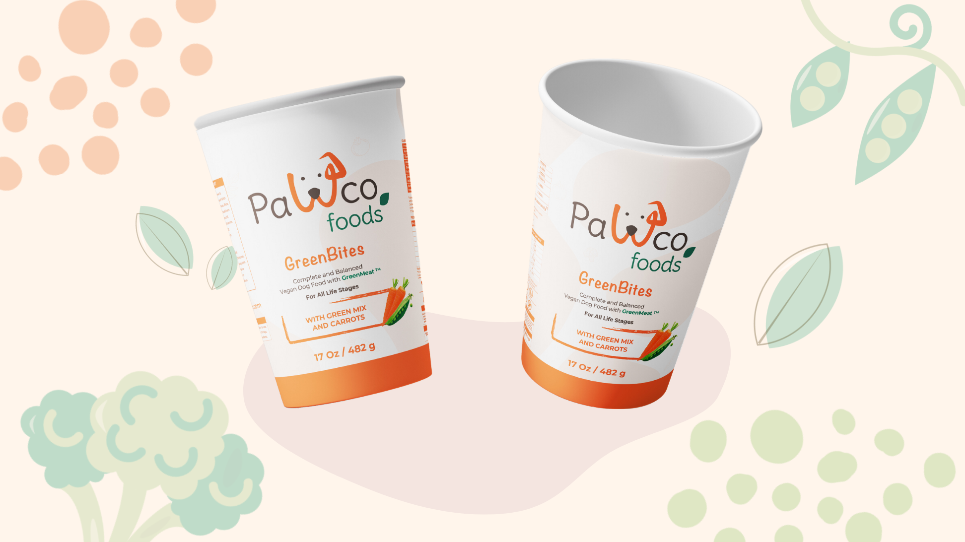 The image shows PawCo's GreenBites Green Mix & Carrots packaging against a background with various vegetable illustrations.