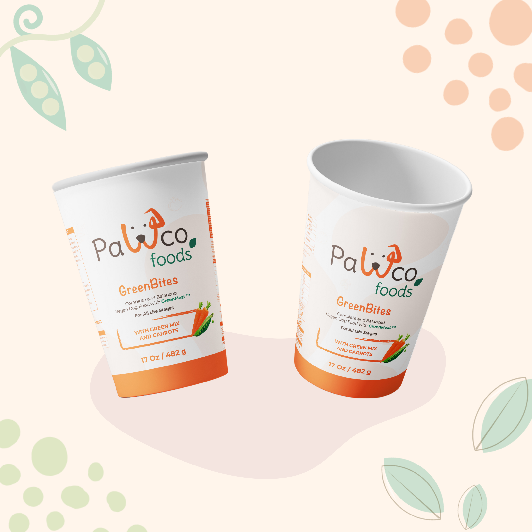 The image shows PawCo's GreenBites Green Mix & Carrots packaging against a background with various vegetable illustrations.