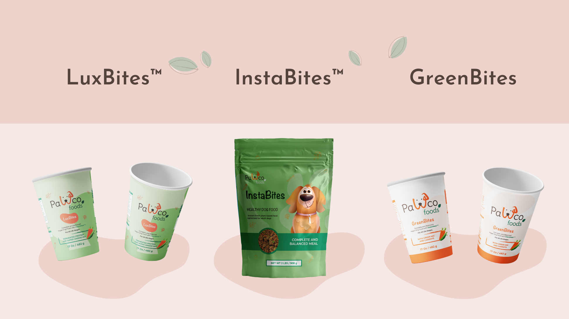 The image shows PawCo's LuxBites, InstaBites, and GreenBites packaging against a pink background with illustrations.