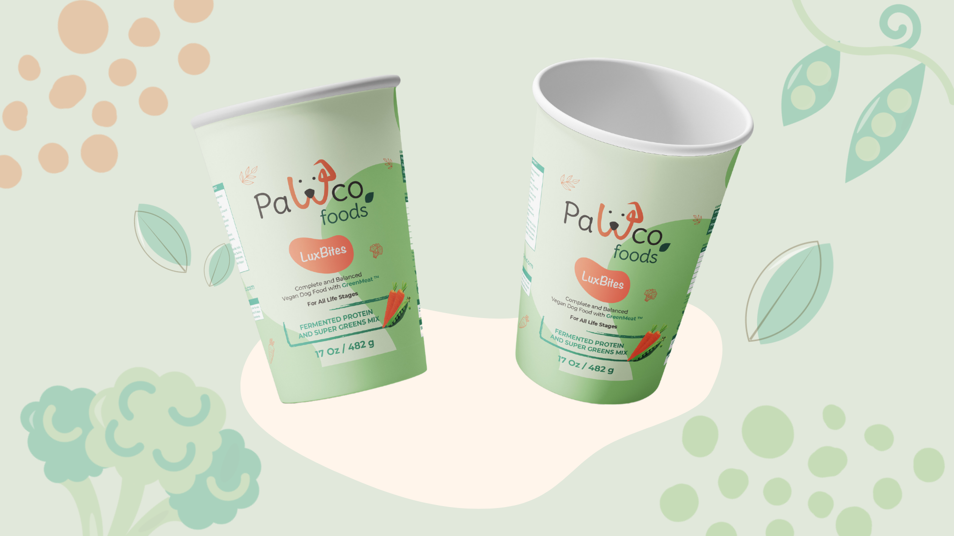 The image shows PawCo's LuxBites packaging against a green background with illustrations of vegetables.