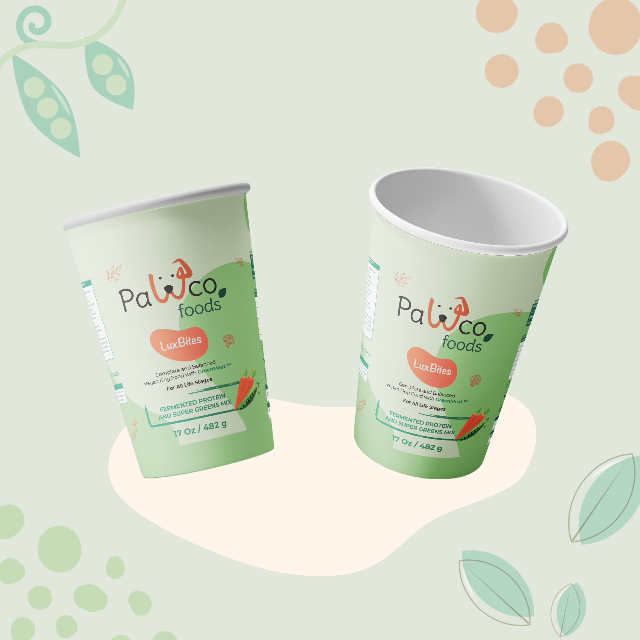 The image shows PawCo's LuxBites packaging against a green background with illustrations of vegetables.