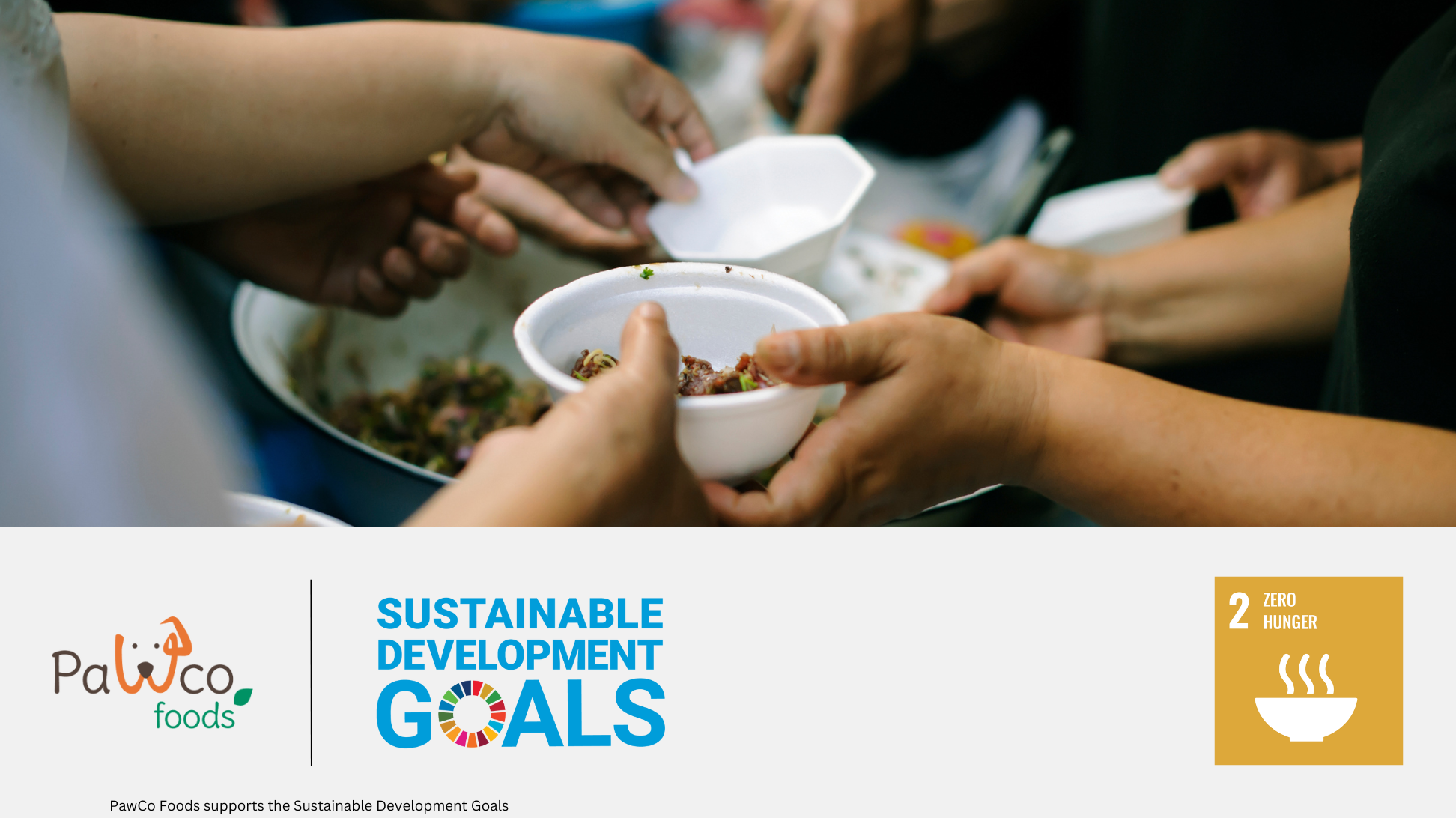 The image depicts hands reaching for food. On the bottom are the logos for PawCo Foods, SDG2: Zero Hunger, and the Sustainable Development Goals.