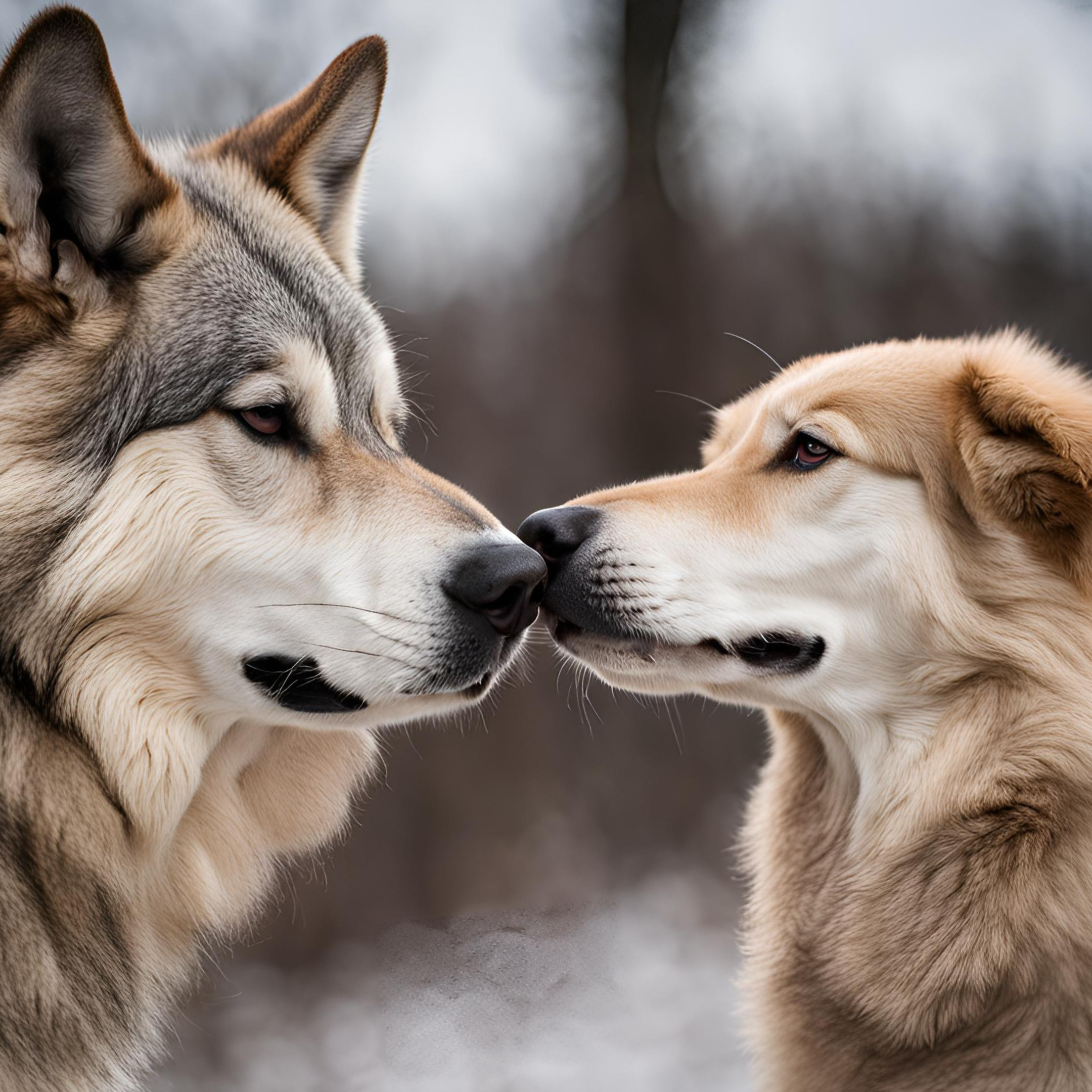This picture is an AI-generated image of a dog and a wolf with their noses touching.